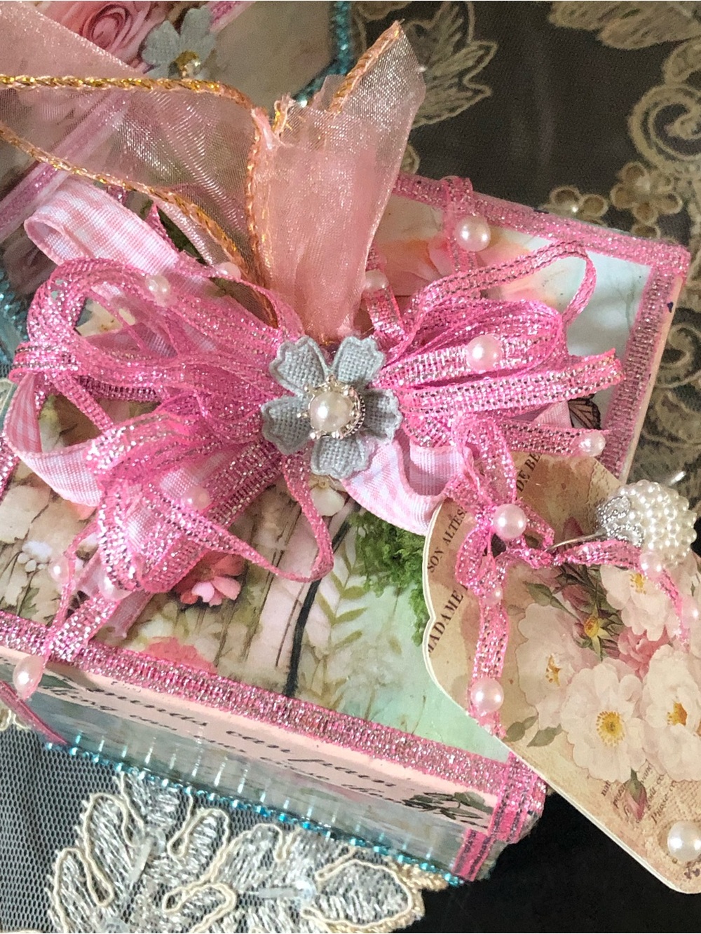 Hand Crafted Pink Floral Decor Gift Boxes with Blue Trim - Picture 12 of 14